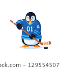 Penguin playing ice hockey in blue jersey with stick and puck isolated on white 129554507