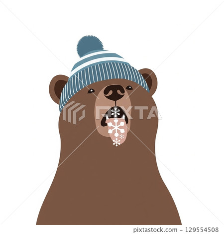 Playful bear catches snowflakes in cozy winter hat 129554508