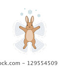 Adorable bunny making snow angel surrounded by falling snowflakes 129554509