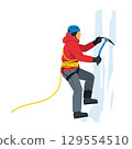 Climber in red jacket scaling ice with rope and axe 129554510