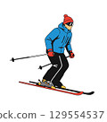 Cartoon skier in blue jacket and red beanie skiing on slopes 129554537