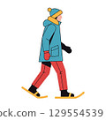 Person walking in winter clothes with snowshoes illustration 129554539