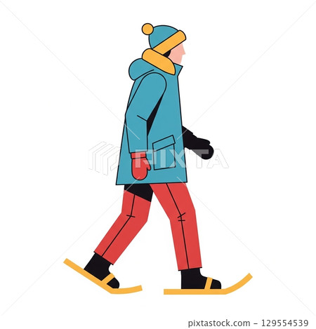 Person walking in winter clothes with snowshoes illustration 129554539