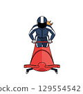 Dynamic cartoon bobsled racer in blue suit and helmet on red sled 129554542