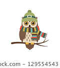 Festive owl wearing green hat and striped scarf on branch 129554543