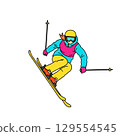 Colorful ski jumper performing midair trick in vibrant winter gear 129554545