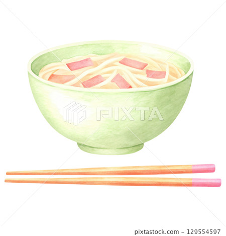 Delicious food in green bowl with noodles and toppings clipart isolated on transparency background 129554597