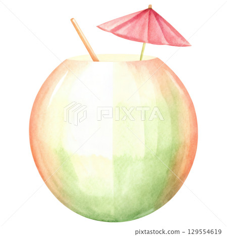 Refreshing drink in round glass with small umbrella clipart isolated on transparency background 129554619