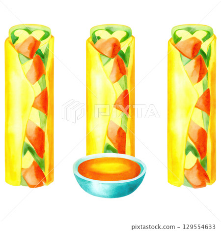 Delicious food wraps with fresh vegetables and tasty dipping sauce clipart isolated on transparency background 129554633