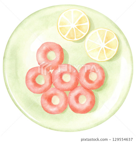 Delicious food on plate with pink donuts and fresh lemon slices clipart isolated on transparency background 129554637