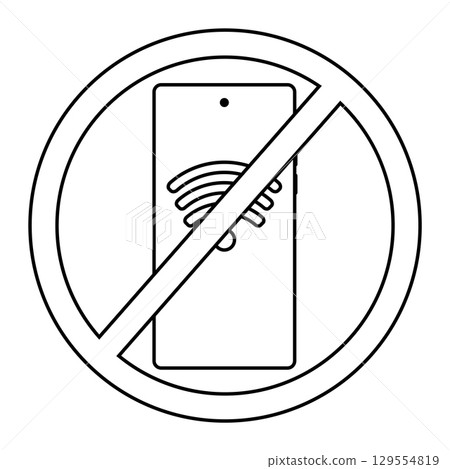 Contactless payment prohibited sign with icon of smartphone in circle 129554819