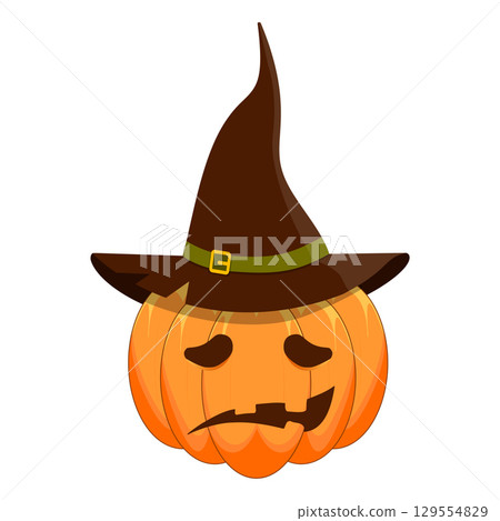 Sad jack-o-lantern with witch hat on white background 129554829