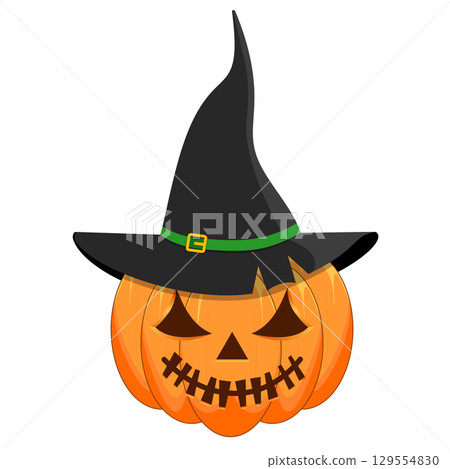 Halloween pumpkin with witch hat and carved face on white background Halloween pumpkin with witch hat and carved face on white background 129554830