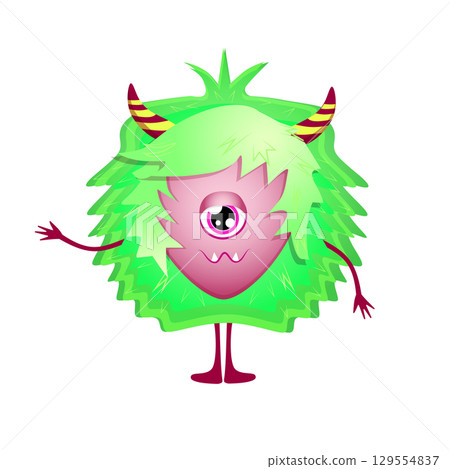 Colorful one-eyed cartoon monster with green spiky hair and red horns on white background Colorful one-eyed cartoon monster with green spiky hair and red horns on white background 129554837