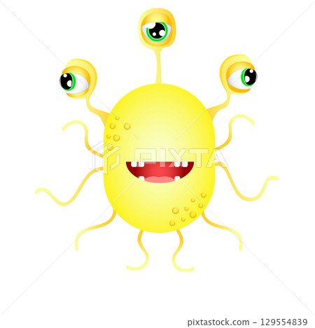 Cute three-eyed cartoon monster with tentacles and big smile 129554839