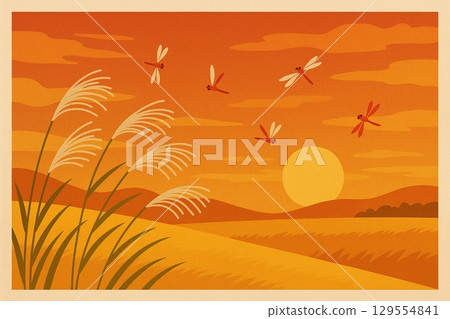 夕陽、紅蜻蜓、紫芒 129554841