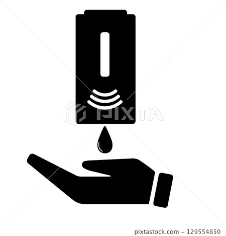Hand sanitizer bottle icon above hand silhouette in black and white design Hand sanitizer bottle icon above hand silhouette in black and white design 129554850