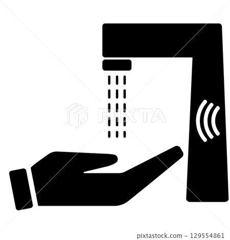 Handwashing icon: water faucet with hand and splashing drops 129554861