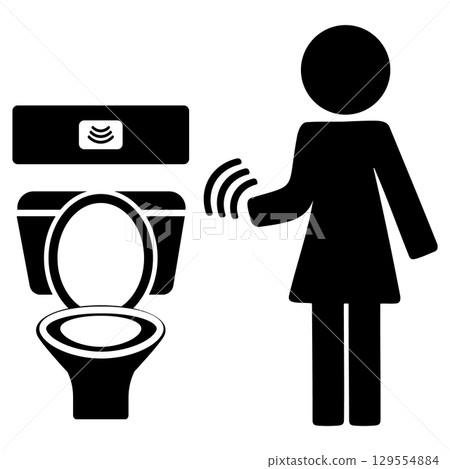 Black and white illustration of touchless sensor toilet with female figure Black and white illustration of touchless sensor toilet with female figure 129554884
