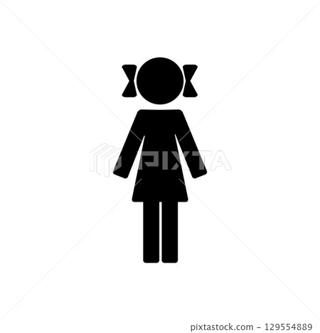 Silhouette of a female child with ponytails in simple stick figure style 129554889