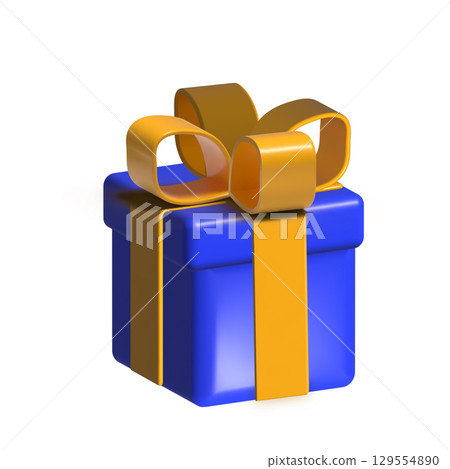 Blue gift box with yellow ribbon and bow on white background Blue gift box with yellow ribbon and bow on white background 129554890