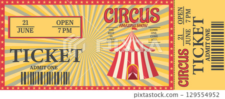 Circus ticket with striped tent design and event details for june show 129554952