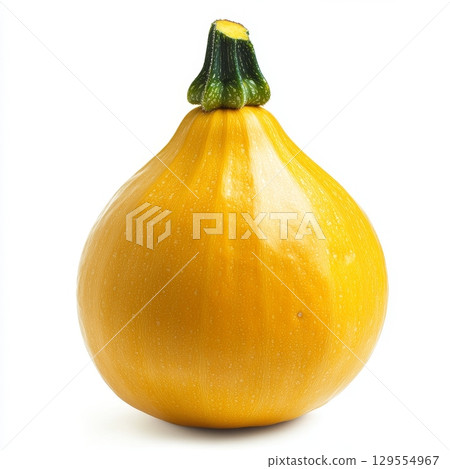 Bright yellow squash on white background with green stem Bright yellow squash on white background with green stem 129554967