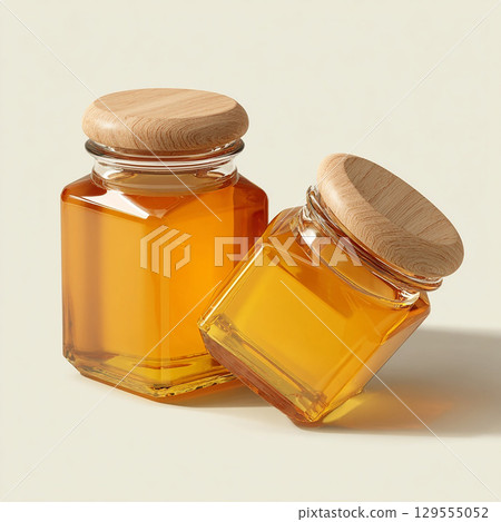 蜂蜜裝在有木蓋的玻璃罐中 蜂蜜裝在有木蓋的玻璃罐中 129555052