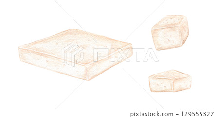 Tofu cubes watercolor illustration set on isolated background. White mold cheese, brie or camembert clip art. Asian food,,Mediterranean cuisine. For vegan food packaging, gourmet cookbooks, menu. 129555327