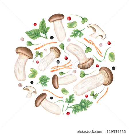 Round watercolor composition of king trumpet mushrooms, carrot and daikon sticks, green beans, peppercorns and oregano leaves on isolated background. for Asian food packaging, cookbook, menu design. 129555333