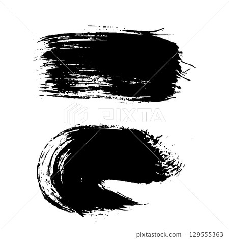 Grunge ink brush strokes elements. Black paint brush, stroke, line, grunge. Dirty textures of banners, boxes, frames and design elements. Black grunge brush stroke ink template collection 129555363