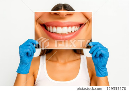 Woman holding photo of smile in blue gloves. concept of dentistry, teeth whitening, oral health, dental care 129555378