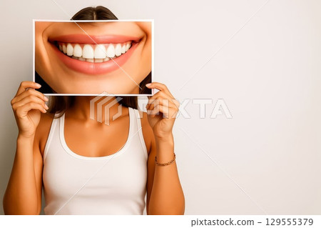 Woman holding photo of perfect smile. concept of dental care, teeth whitening, oral health, stomatology 129555379