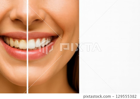 Before and after teeth whitening comparison. concept of dental care, oral hygiene, cosmetic dentistry and professional whitening. Before and after teeth whitening comparison. concept of dental care, oral hygiene, cosmetic dentistry and professional whitening. 129555382