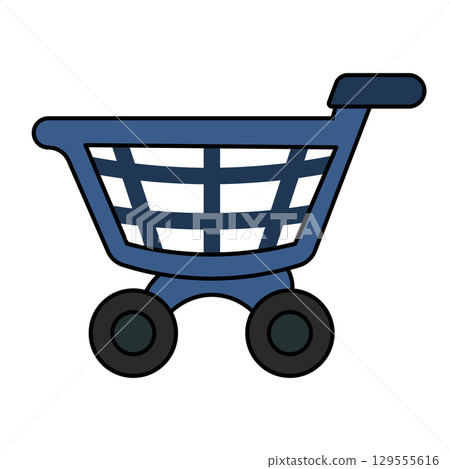 Shopping Cart Icon Vector Illustration. The cart features a sturdy rectangular basket with a grid pattern, two large round wheels and a handlebar for pushing. 129555616