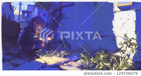 A girl lighting a match 129556079