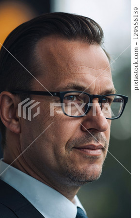 White male advisor with swept-back hair and small rectangular glasses, his face frozen in still curiosity amid evolving stock ripple 129556139
