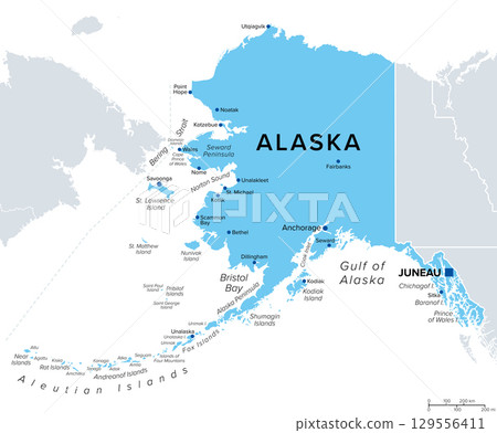 State of Alaska, part of Western United States, political map, with capital Juneau and largest cities and towns. Non-contiguous U.S.state on the northwest extremity of North America. Isolated. Vector 129556411