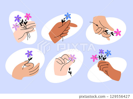 Set of folded hands with flowers in flat style. A retro cartoon collection of stickers hands in various positions for a holiday, birthday, Valentine's Day, Mother's Day, March 8. Vector illustration. 129556427