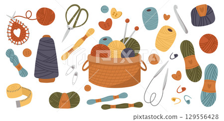Knitting set. Yarn and threads, skein of wool, knitting needles, yarn basket, scissor. Needlework, tools for sewing and knitting collection. Flat vector illustration isolated 129556428