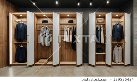 Empty Modern Fitting Rooms in Minimal Retail Store - Clean Fashion Interior, Copyspace for Branding Ecommerce Empty Modern Fitting Rooms in Minimal Retail Store - Clean Fashion Interior, Copyspace for Branding Ecommerce 129556484