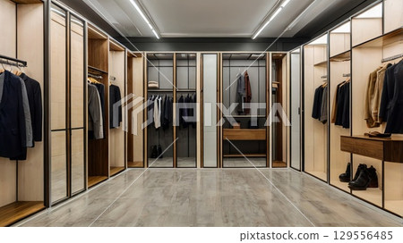 Empty Modern Fitting Rooms in Minimal Retail Store - Clean Fashion Interior, Copyspace for Branding Ecommerce Empty Modern Fitting Rooms in Minimal Retail Store - Clean Fashion Interior, Copyspace for Branding Ecommerce 129556485