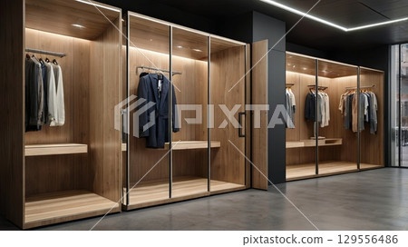 Empty Modern Fitting Rooms in Minimal Retail Store - Clean Fashion Interior, Copyspace for Branding Ecommerce Empty Modern Fitting Rooms in Minimal Retail Store - Clean Fashion Interior, Copyspace for Branding Ecommerce 129556486