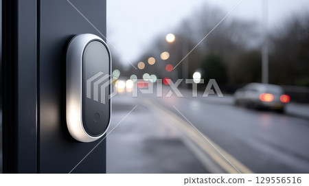 Modern smart lock installed on a urban door at dusk with blurred street lights Modern smart lock installed on a urban door at dusk with blurred street lights 129556516