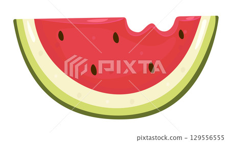 A slice of watermelon, cut piece of ripe juicy bitten berry, color vector illustration in red and green shades 129556555