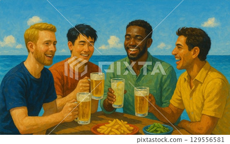 年輕人聚集在清爽的海灘的插圖 129556581