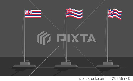 Vector illustration of the Hawaii state flag on flagpoles. A set showing flat and two different waving styles against a grey background. Vector illustration of the Hawaii state flag on flagpoles. A set showing flat and two different waving styles against a grey background. 129556588