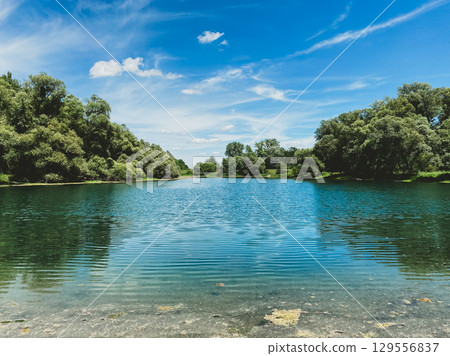 Calm lake with trees in the background 129556837