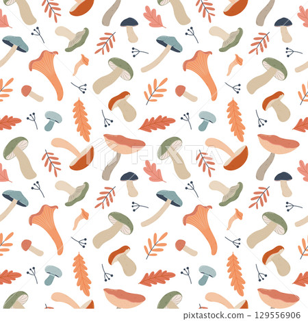 Mushroom seamless vector pattern in soft autumn colors. Mushroom seamless vector pattern in soft autumn colors. 129556906