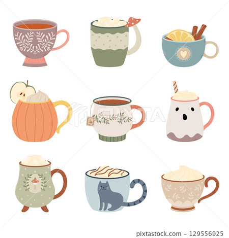 Set of cute mugs with autumn and holiday drinks Set of cute mugs with autumn and holiday drinks 129556925
